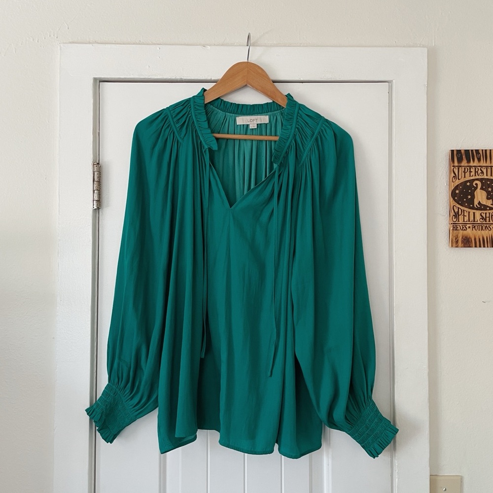 LOFT Teal Long-Sleeve Smocked V-Neck Blouse - Picture 2 of 5